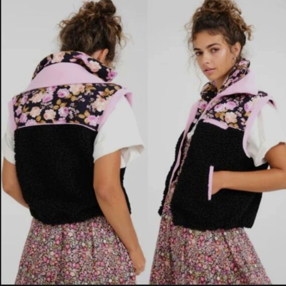 For Love And Lemons Faux Shearling Floral Puffer Vest Medium